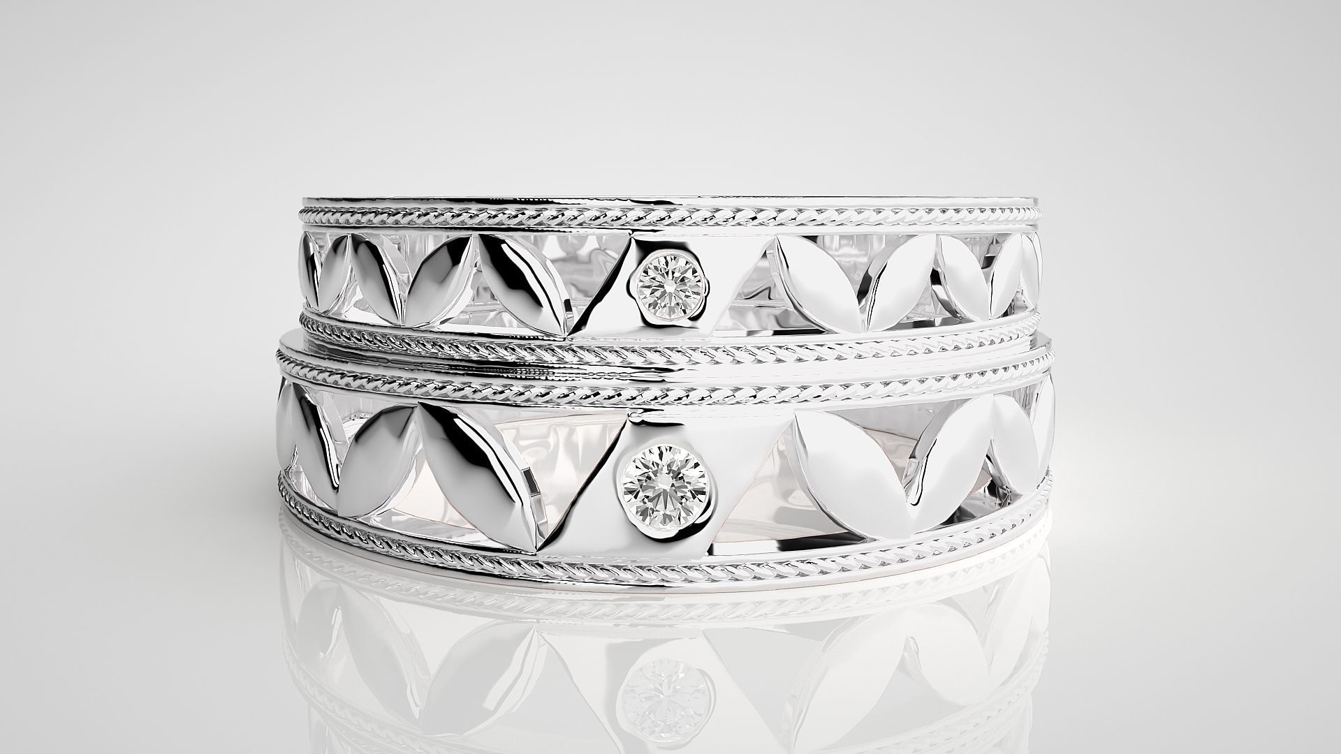 Solitaire Leaf Couple Band Ring 3dm stl render detail 3D print model_7