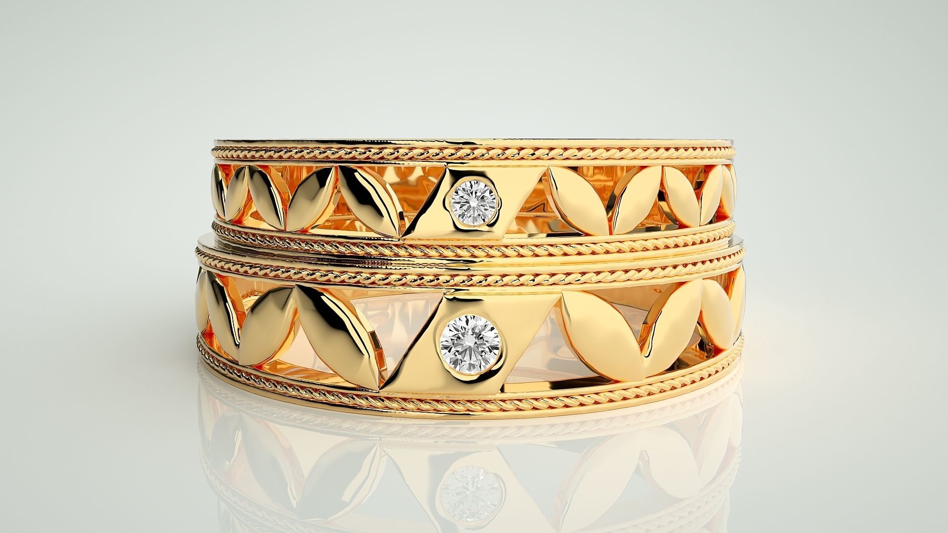 Solitaire Leaf Couple Band Ring 3dm stl render detail 3D print model_11