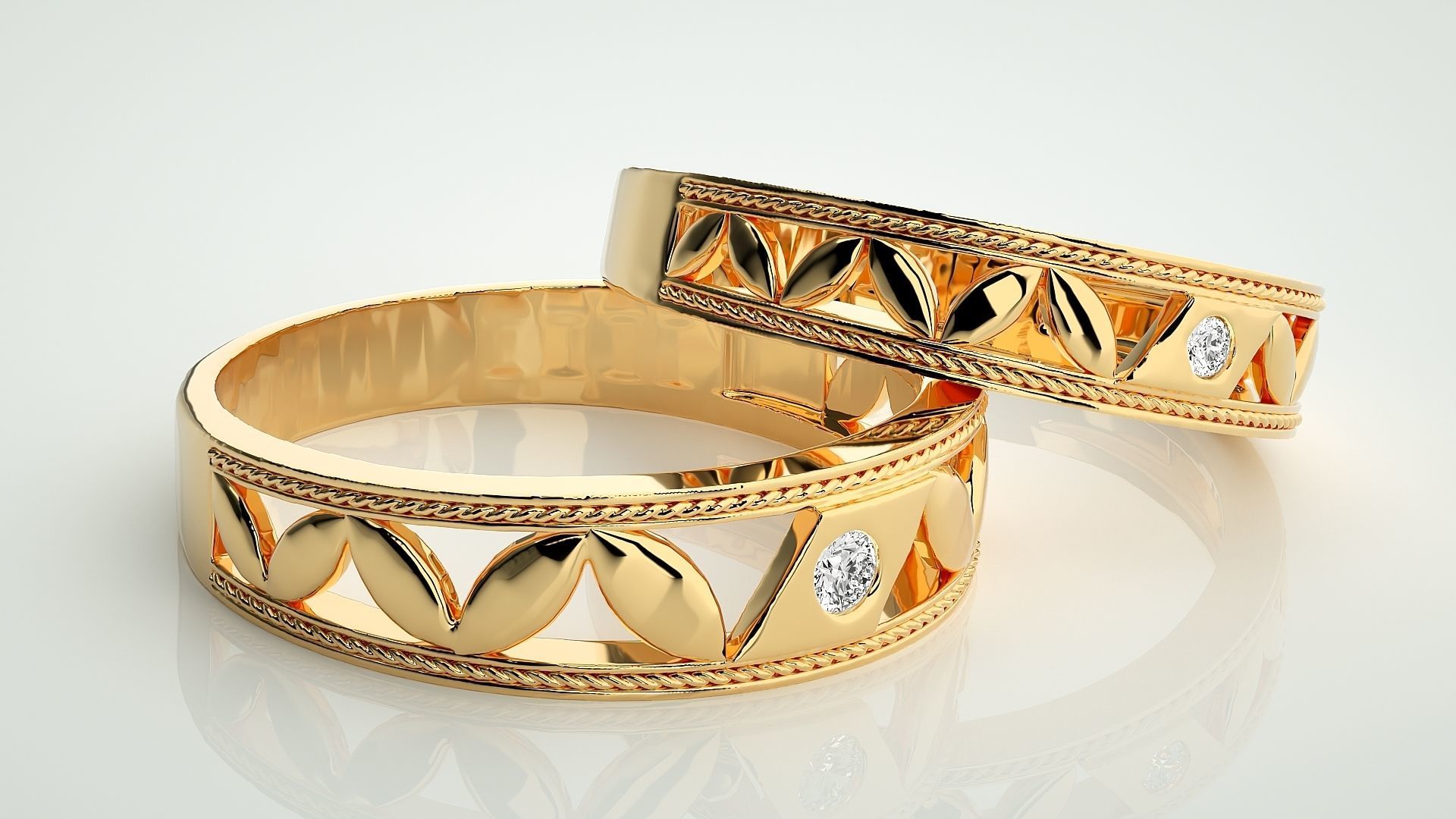 Solitaire Leaf Couple Band Ring 3dm stl render detail 3D print model_10