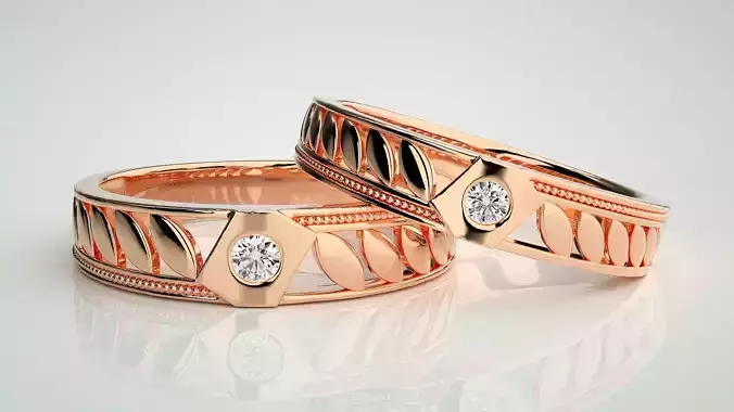 Solitaire Leaf Couple Band Ring 3dm stl render detail 