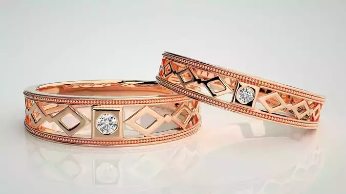 Solitaire Couple Band Ring 3dm stl render detail