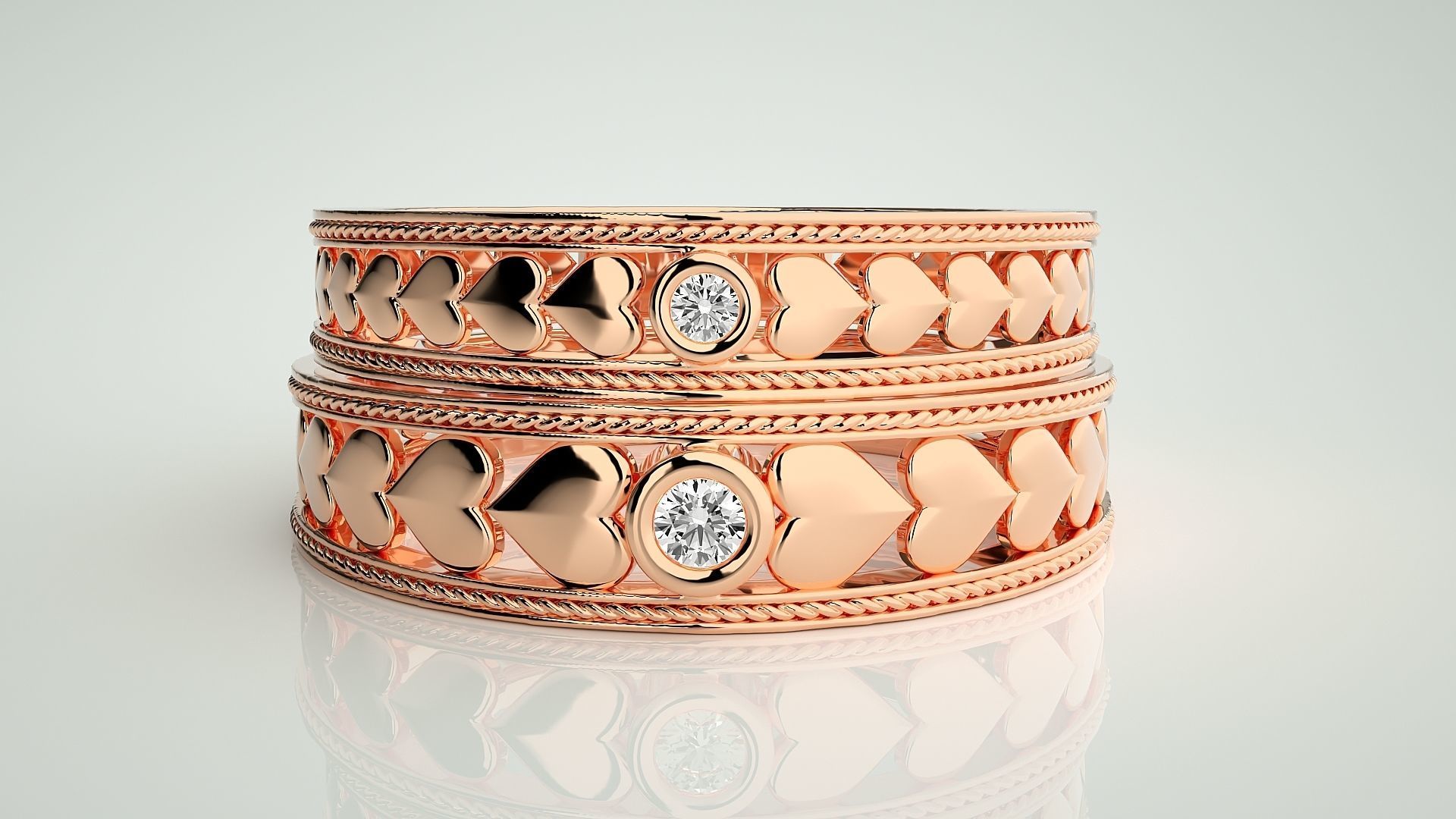 Heart Solitaire Couple Band Ring 3dm stl render detail 3D print model_2