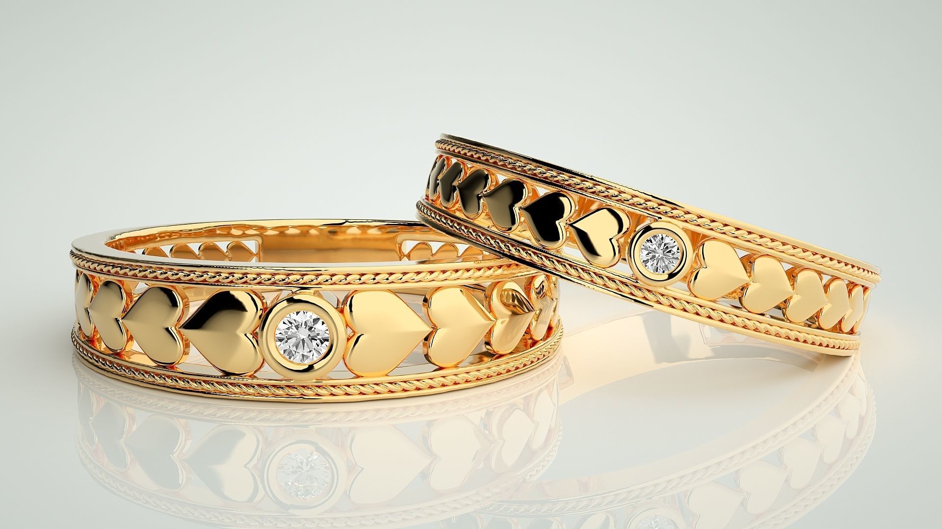 Heart Solitaire Couple Band Ring 3dm stl render detail 3D print model_9