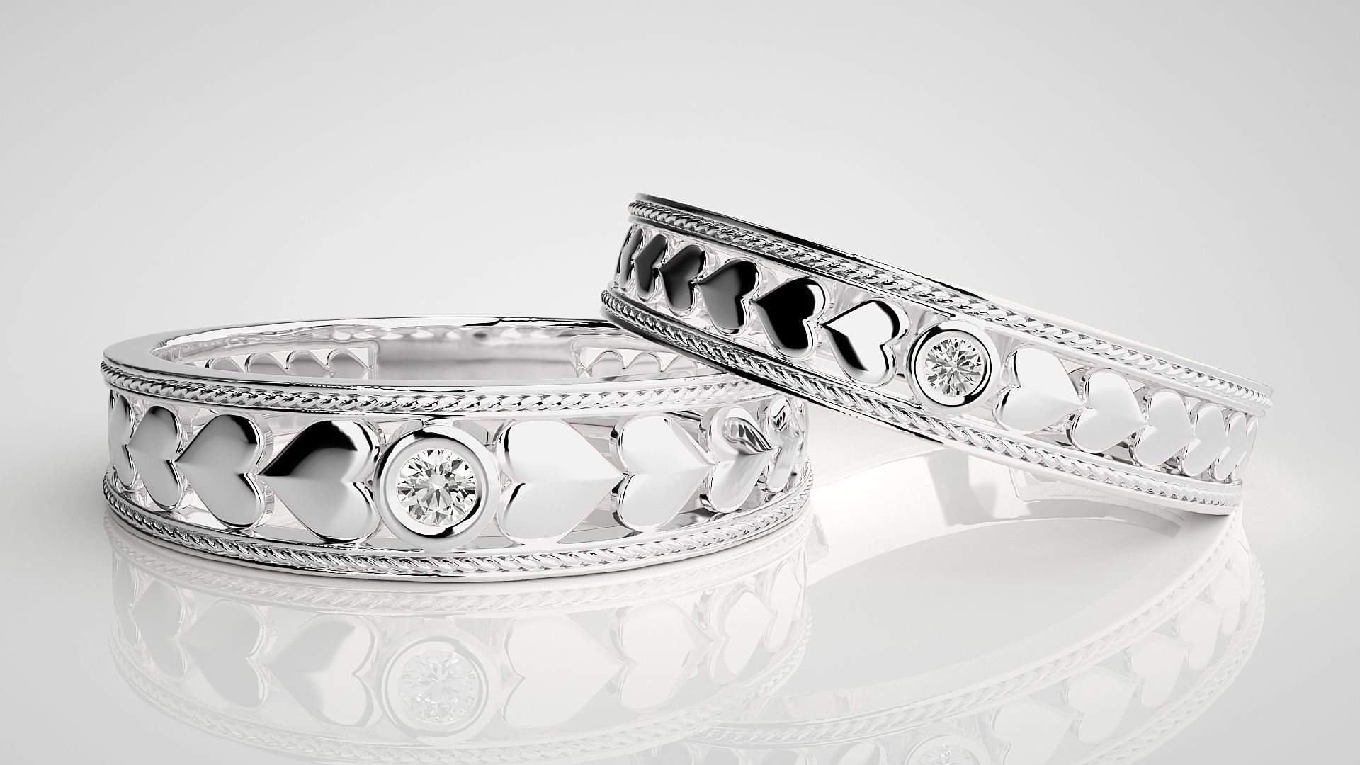 Heart Solitaire Couple Band Ring 3dm stl render detail 3D print model_5