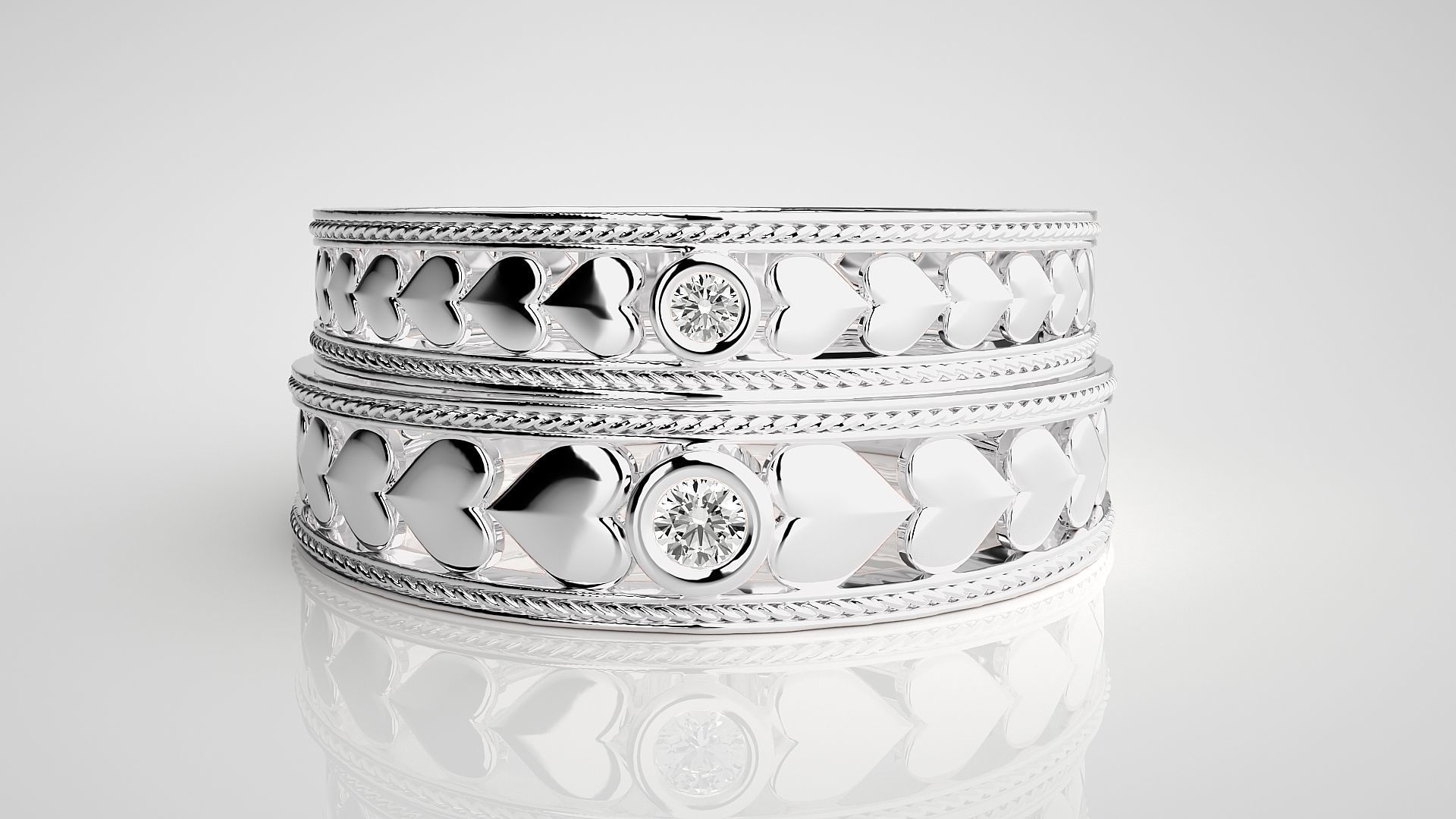 Heart Solitaire Couple Band Ring 3dm stl render detail 3D print model_7