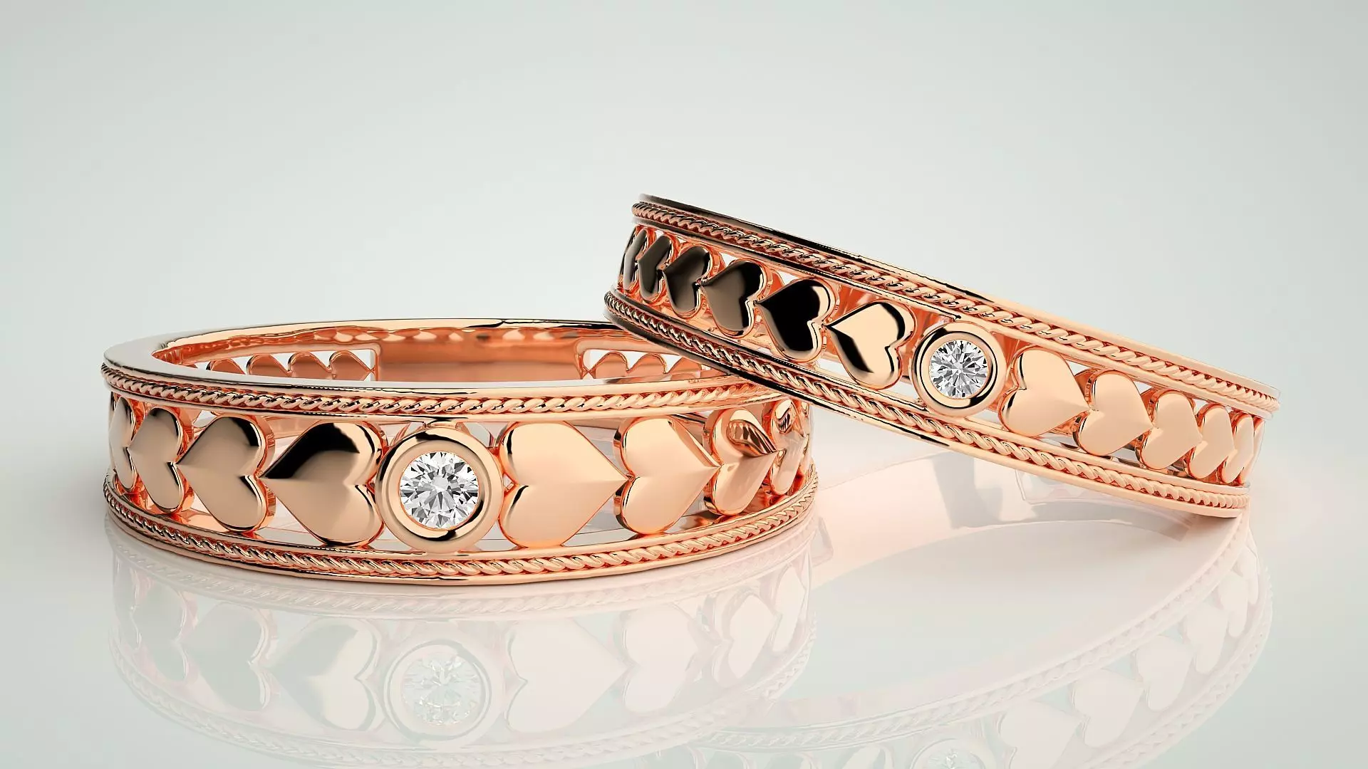 Heart Solitaire Couple Band Ring 3dm stl render detail 3D print model_0