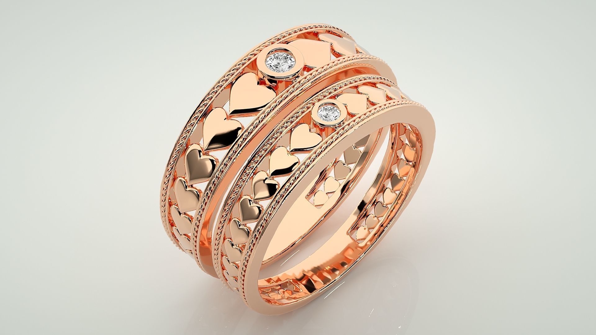 Heart Solitaire Couple Band Ring 3dm stl render detail 3D print model_4