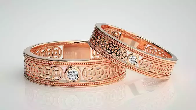 Solitaire Mesh Couple Band Ring 3dm stl render detail 