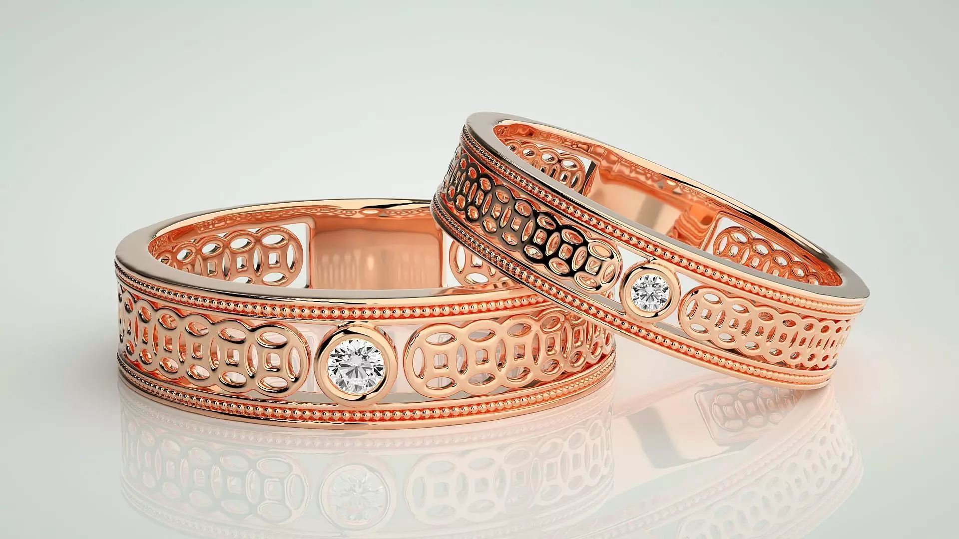 Solitaire Mesh Couple Band Ring 3dm stl render detail 3D print model_0