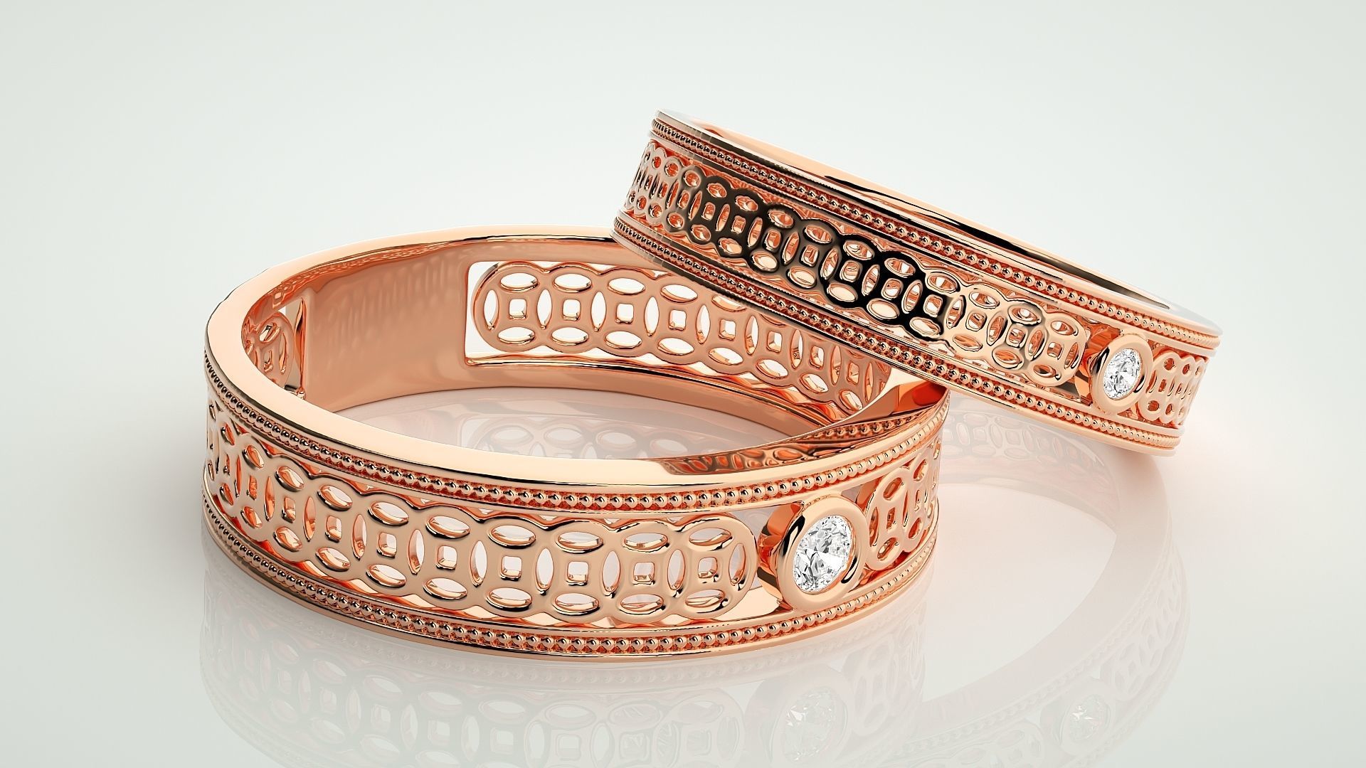 Solitaire Mesh Couple Band Ring 3dm stl render detail 3D print model_1