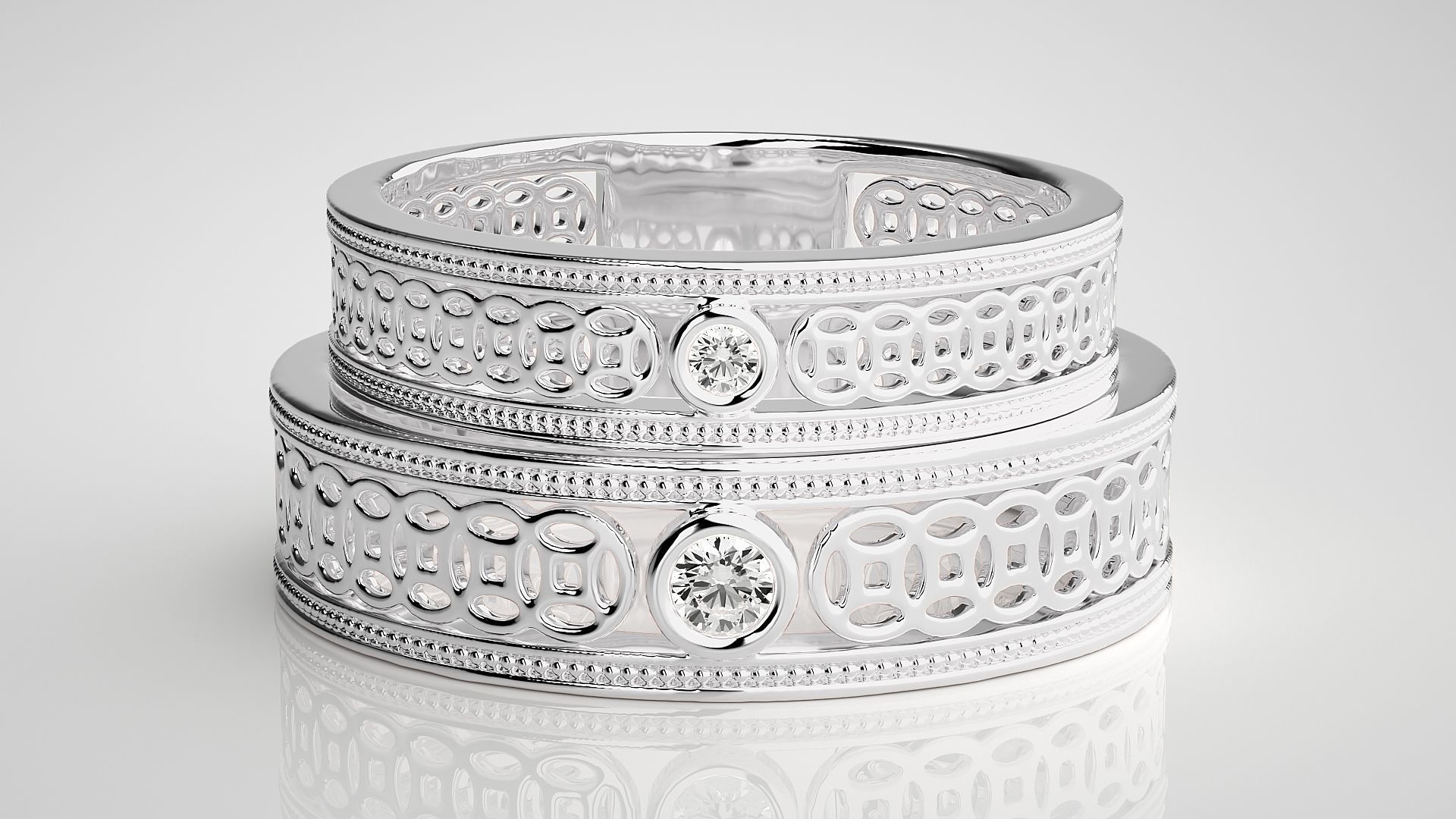 Solitaire Mesh Couple Band Ring 3dm stl render detail 3D print model_7