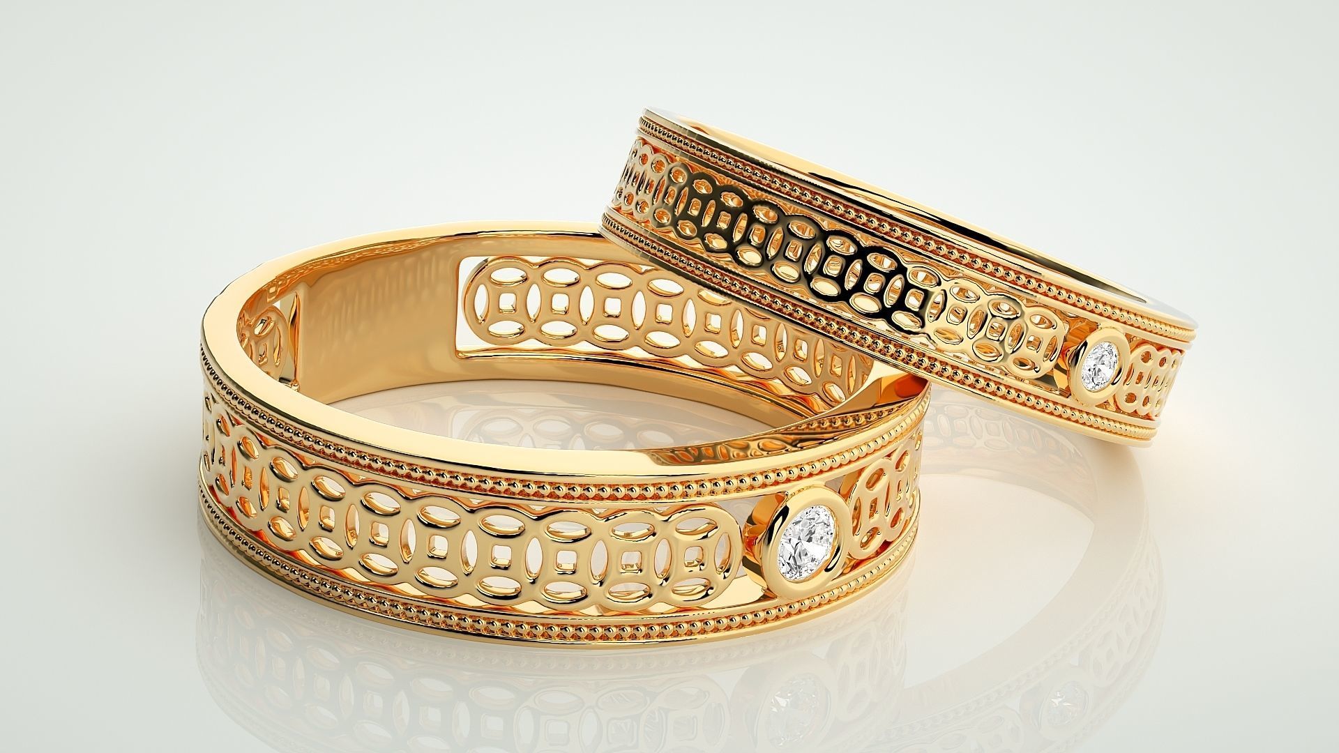 Solitaire Mesh Couple Band Ring 3dm stl render detail 3D print model_10