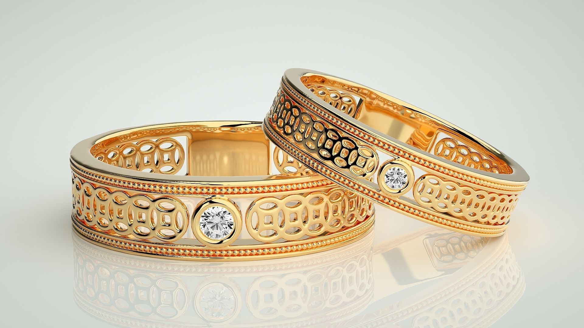 Solitaire Mesh Couple Band Ring 3dm stl render detail 3D print model_9