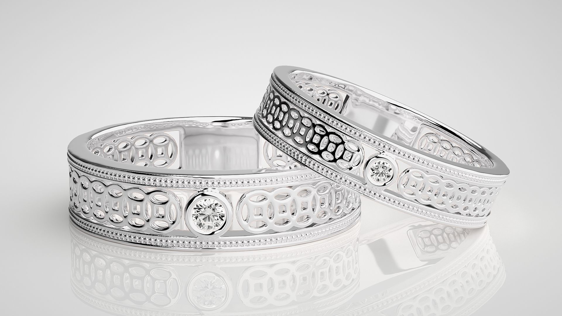 Solitaire Mesh Couple Band Ring 3dm stl render detail 3D print model_5