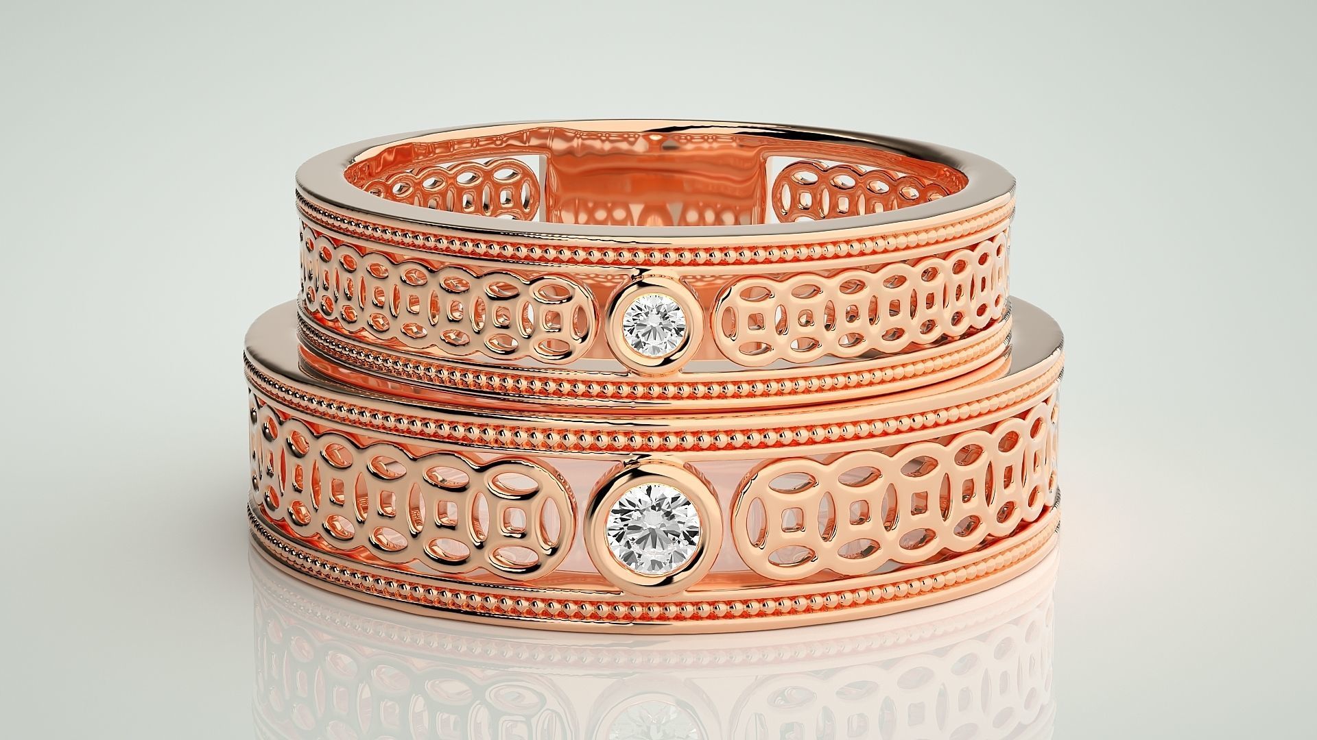 Solitaire Mesh Couple Band Ring 3dm stl render detail 3D print model_2