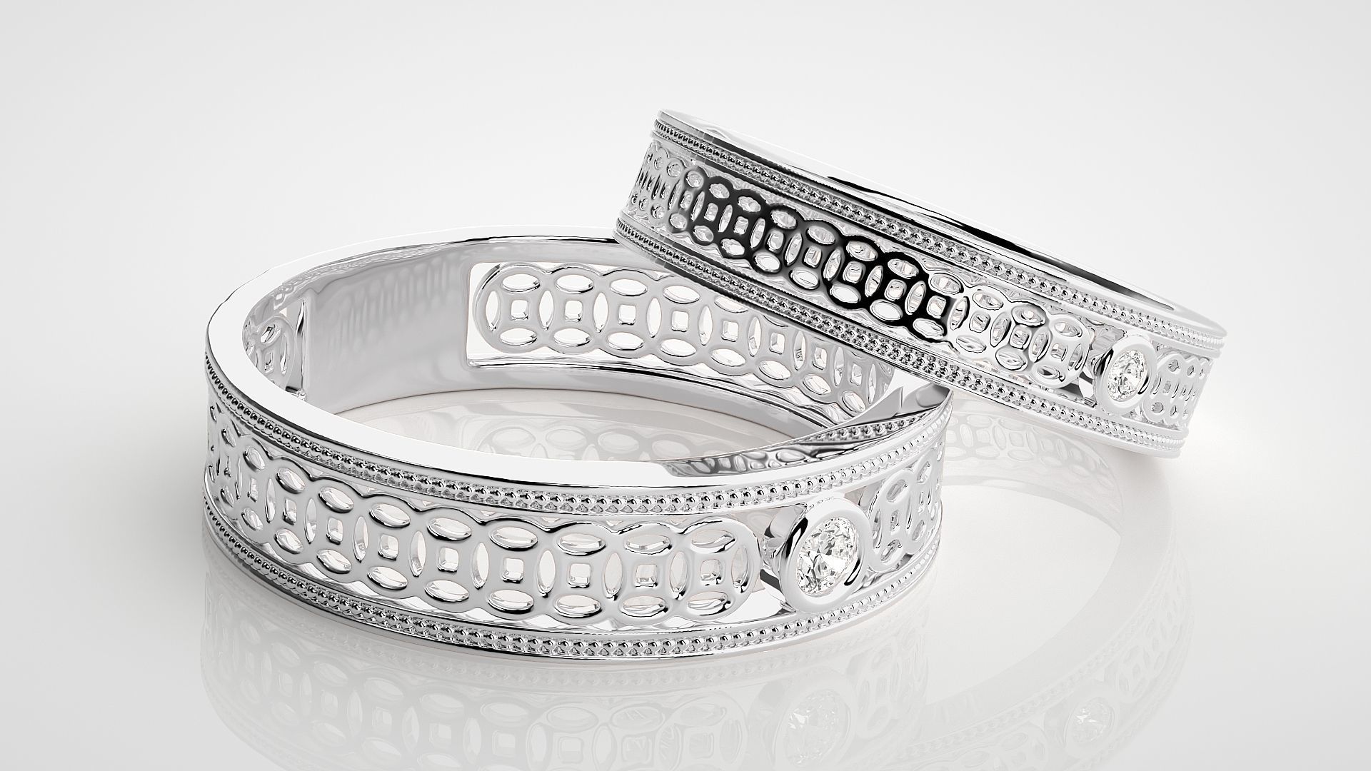 Solitaire Mesh Couple Band Ring 3dm stl render detail 3D print model_6