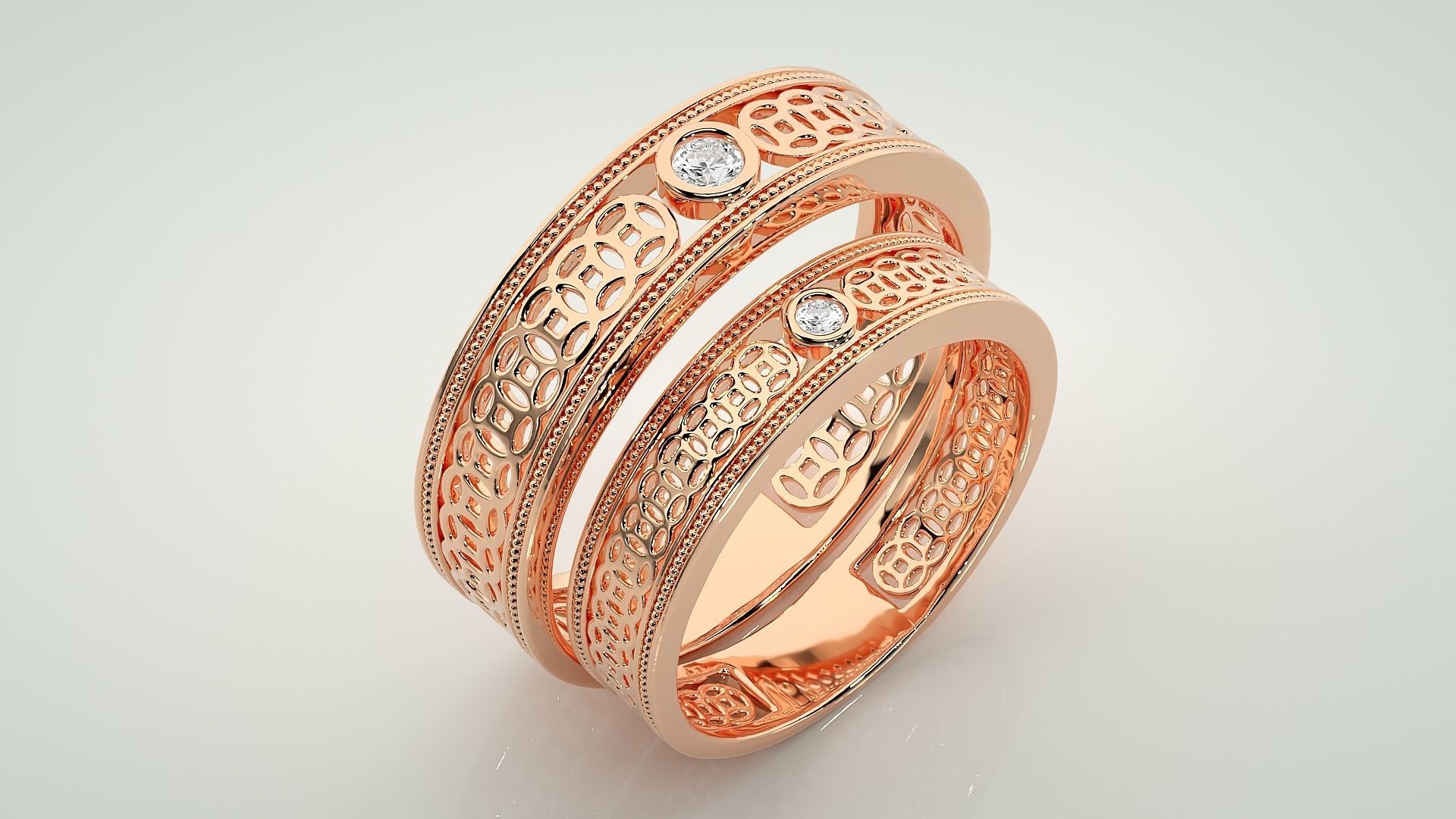 Solitaire Mesh Couple Band Ring 3dm stl render detail 3D print model_4