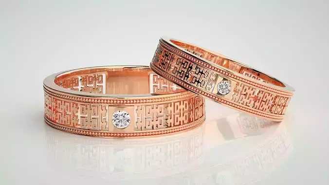 Solitaire Mesh Couple Band Ring 3dm stl render detail 