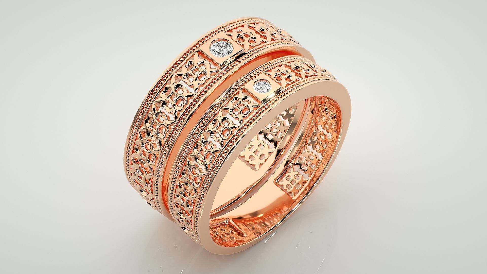 Solitaire Mesh Couple Band Ring 3dm stl render detail 3D print model_4