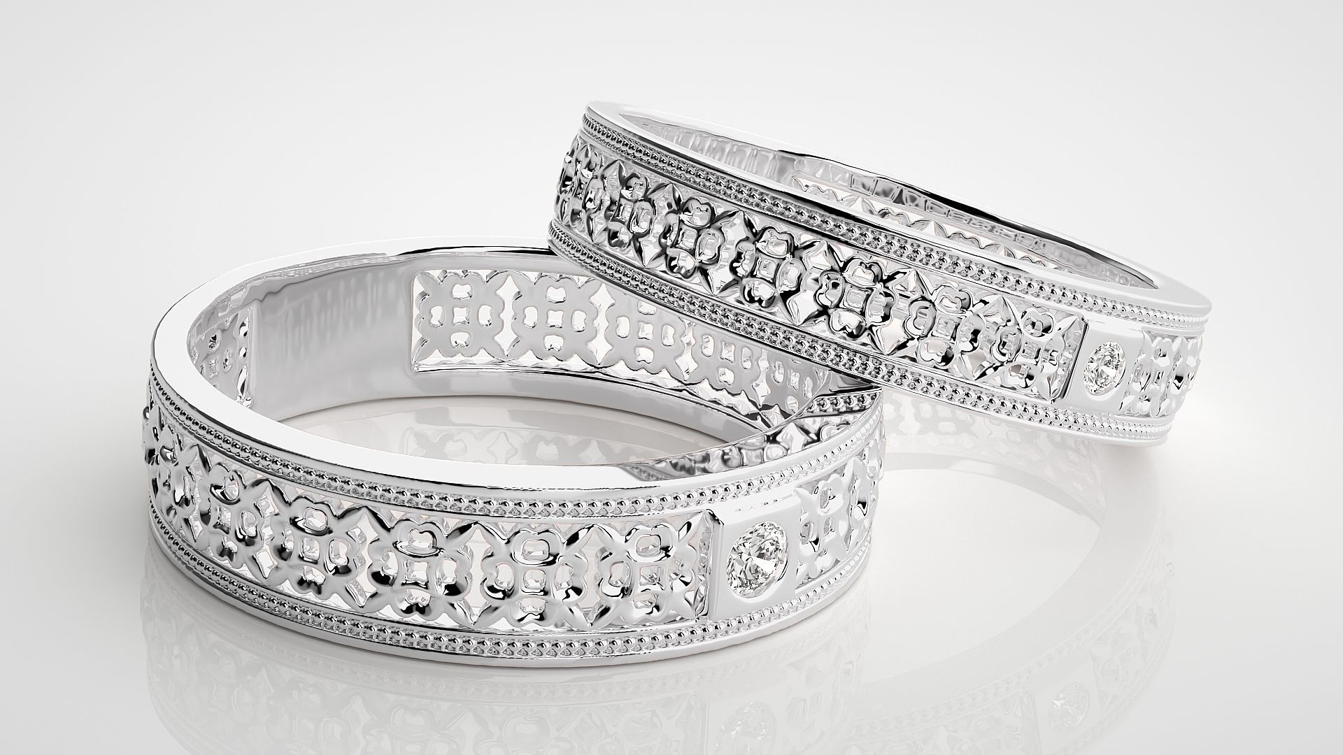 Solitaire Mesh Couple Band Ring 3dm stl render detail 3D print model_6