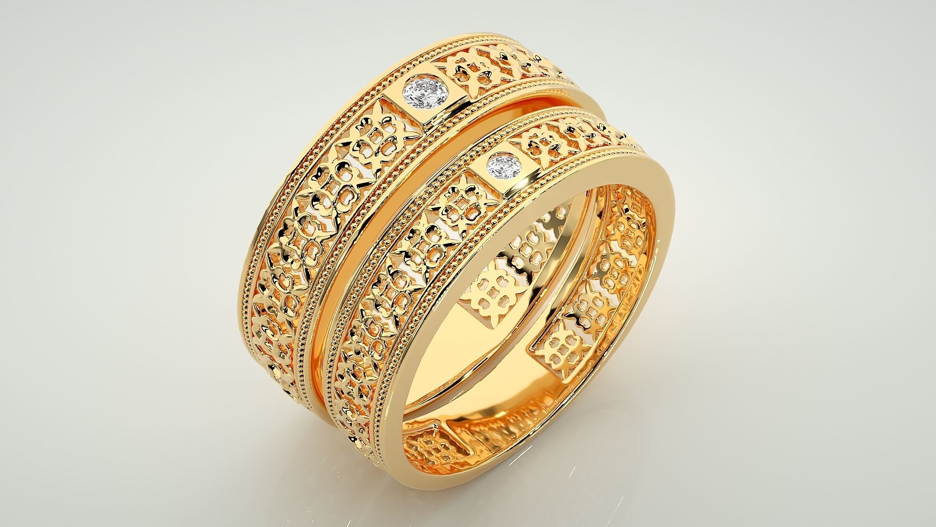 Solitaire Mesh Couple Band Ring 3dm stl render detail 3D print model_12