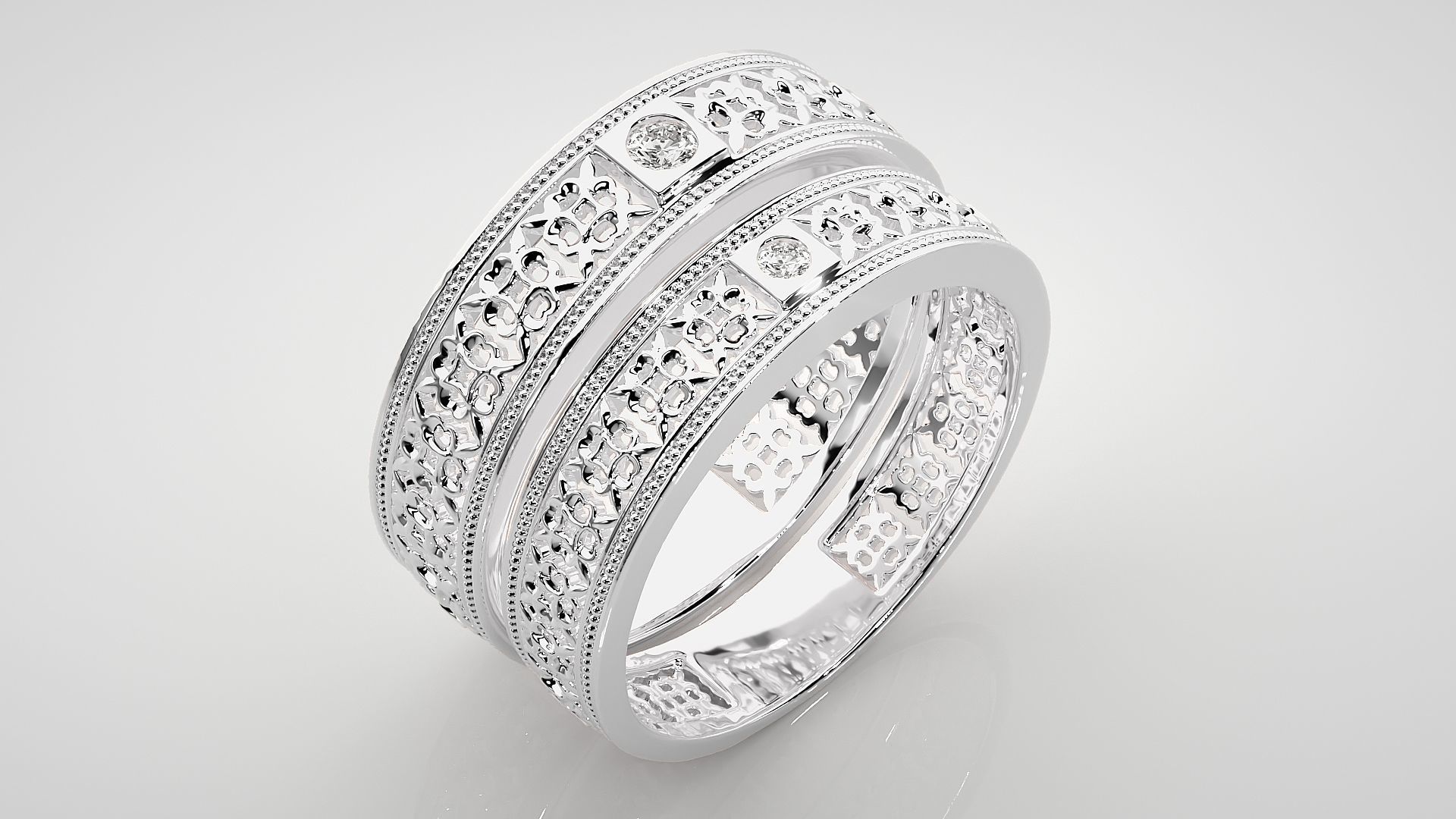 Solitaire Mesh Couple Band Ring 3dm stl render detail 3D print model_8