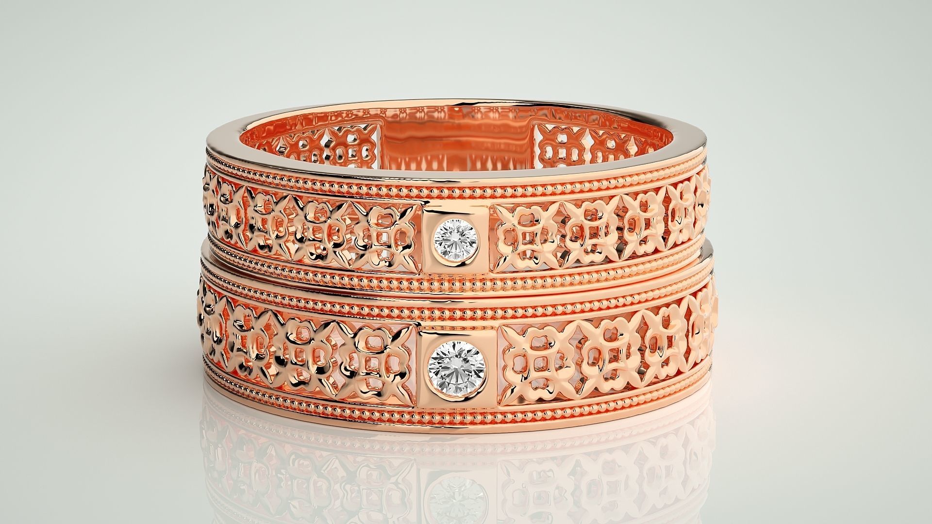 Solitaire Mesh Couple Band Ring 3dm stl render detail 3D print model_2