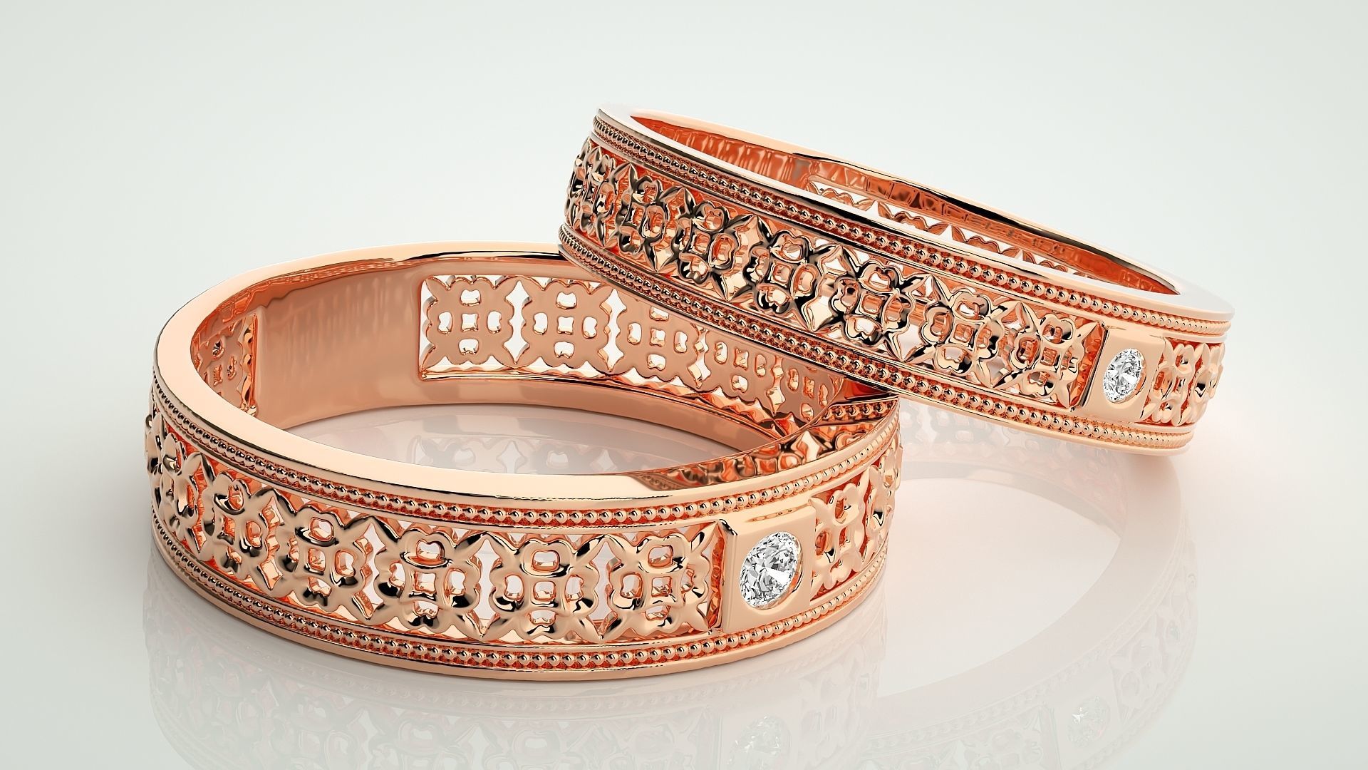 Solitaire Mesh Couple Band Ring 3dm stl render detail 3D print model_1