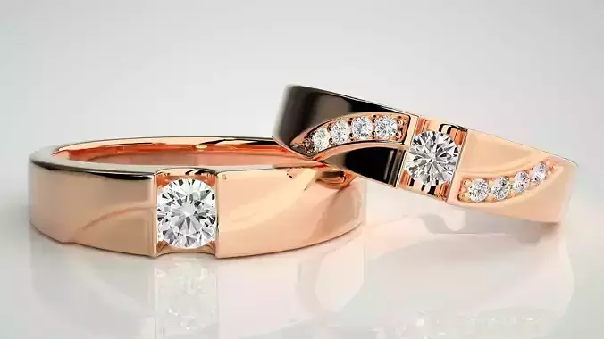 Solitaire Couple Band Ring 3dm stl render detail 