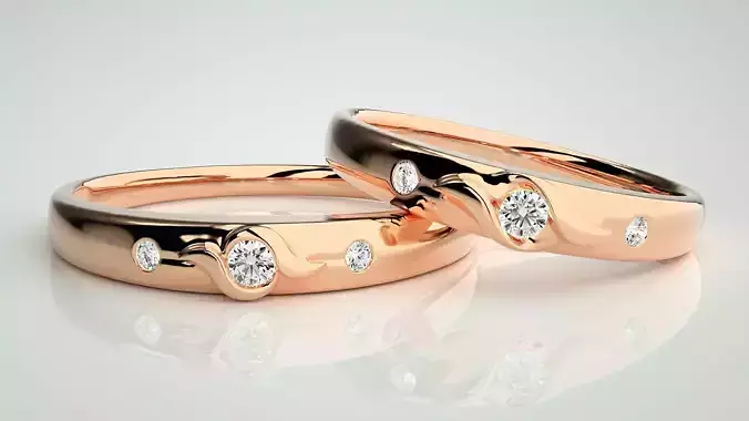 Solitaire Tri-Diamond Couple Band Ring 3dm stl render detail