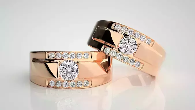 Solitaire Thick Band Couple Band Ring 3dm stl render detail