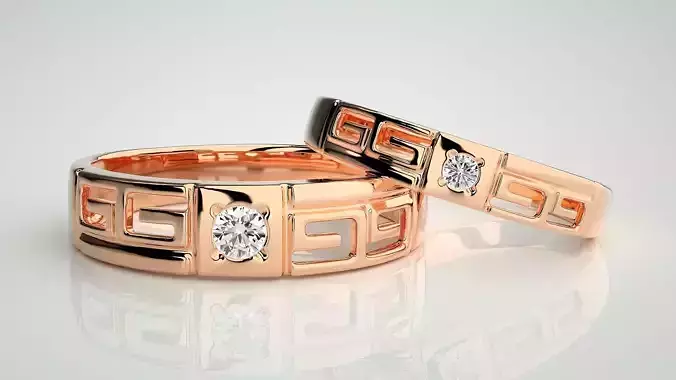 Solitaire Couple Band Ring 3dm stl render detail