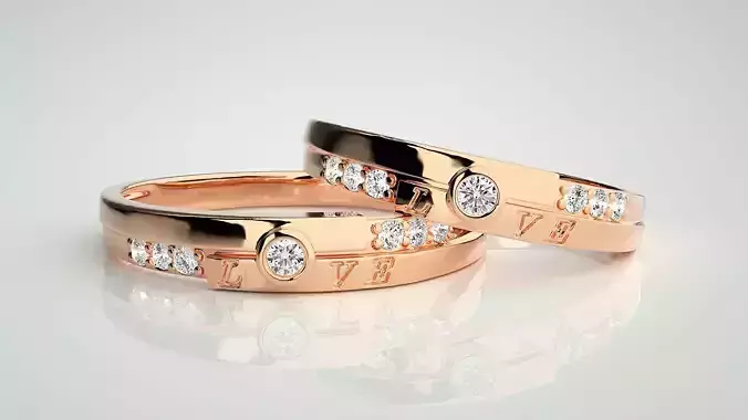 Solitaire Couple Band Ring 3dm stl render detail