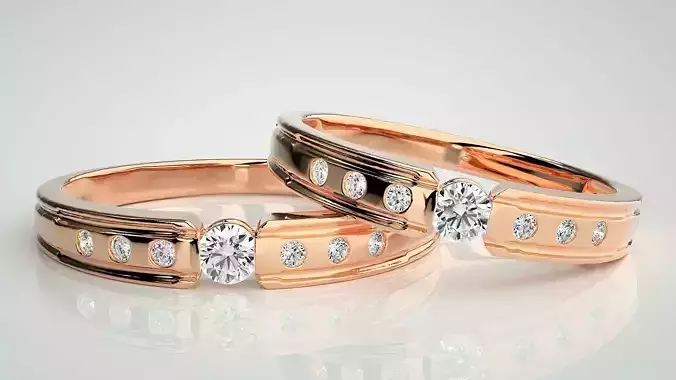 Solitaire Couple Band Ring 3dm stl render detail