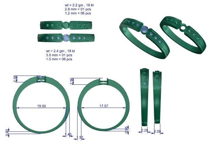 Solitaire Couple Band Ring 3dm stl render detail 3D print model_3