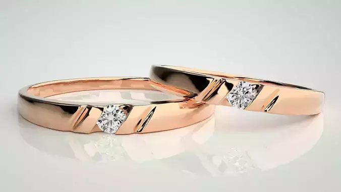 Solitaire Couple Band Ring 3dm stl render detail