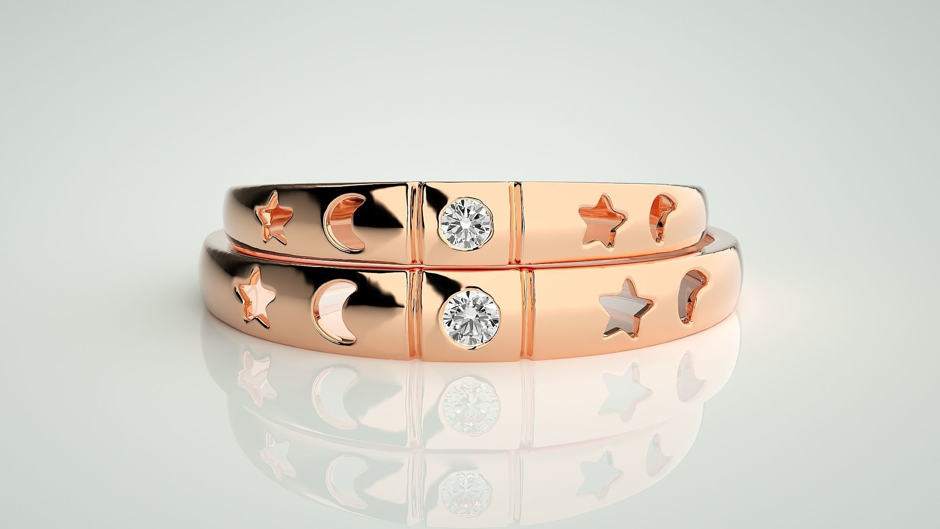 Star and Moon Solitaire Couple Band Ring 3dm stl render detail 3D print model_2