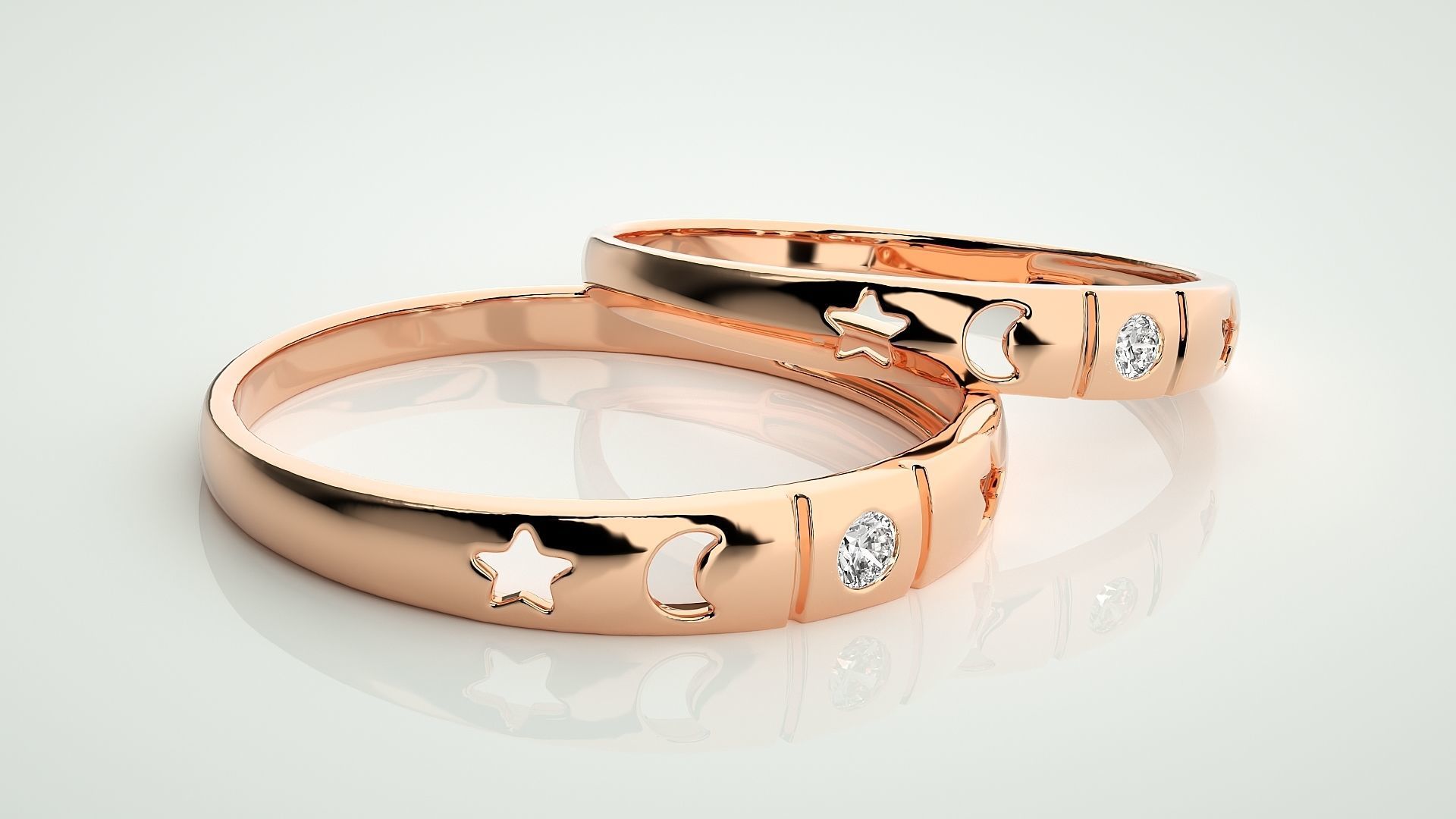 Star and Moon Solitaire Couple Band Ring 3dm stl render detail 3D print model_1