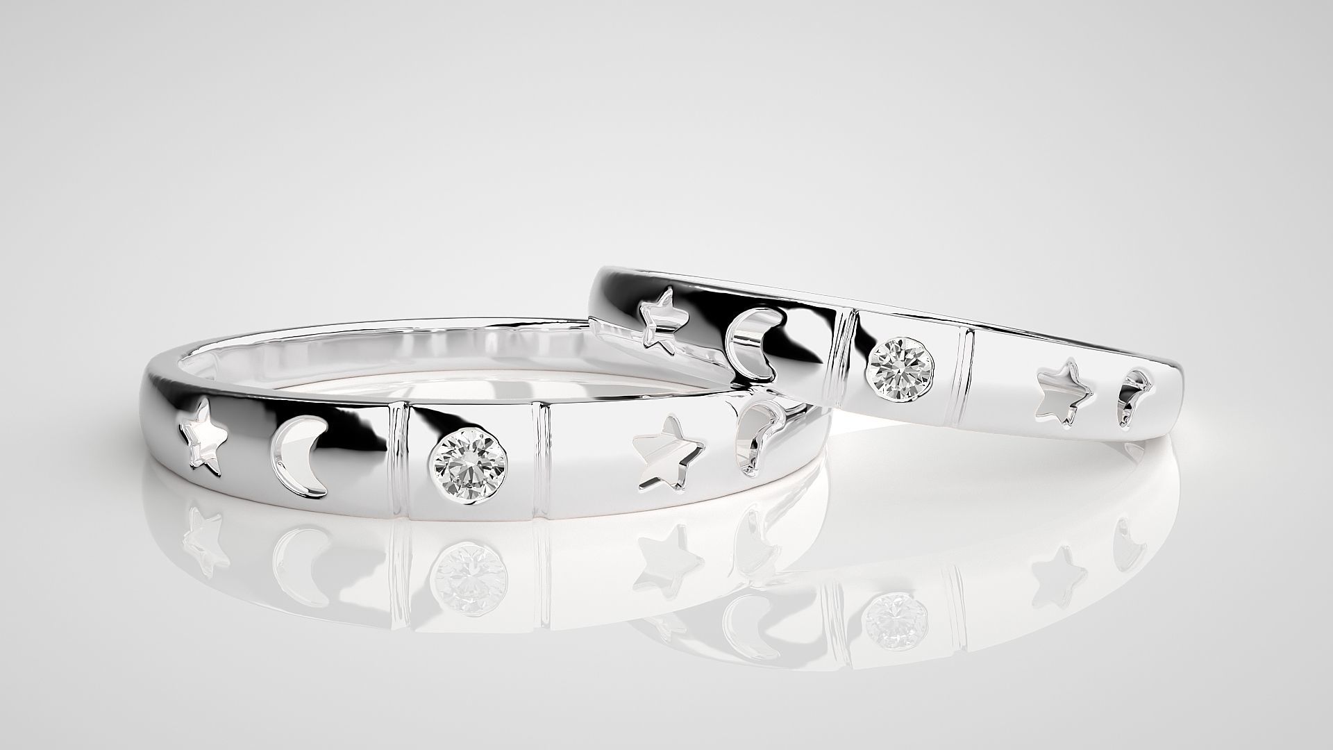 Star and Moon Solitaire Couple Band Ring 3dm stl render detail 3D print model_5