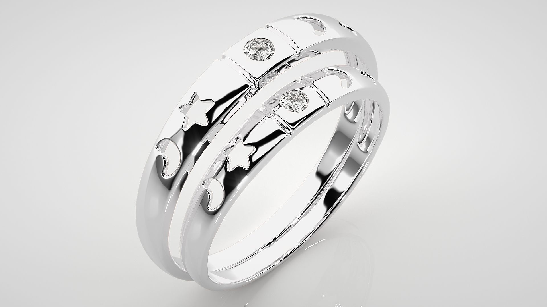 Star and Moon Solitaire Couple Band Ring 3dm stl render detail 3D print model_8