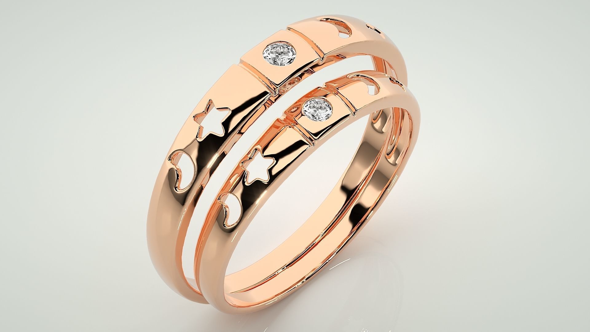 Star and Moon Solitaire Couple Band Ring 3dm stl render detail 3D print model_4