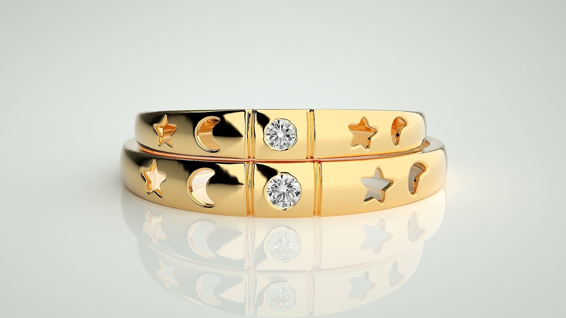 Star and Moon Solitaire Couple Band Ring 3dm stl render detail 3D print model_11