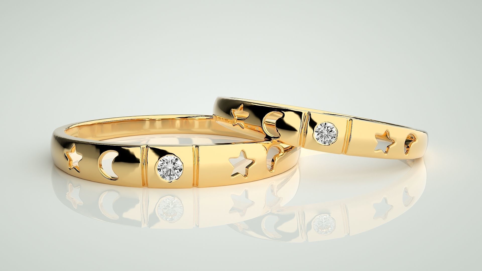 Star and Moon Solitaire Couple Band Ring 3dm stl render detail 3D print model_9