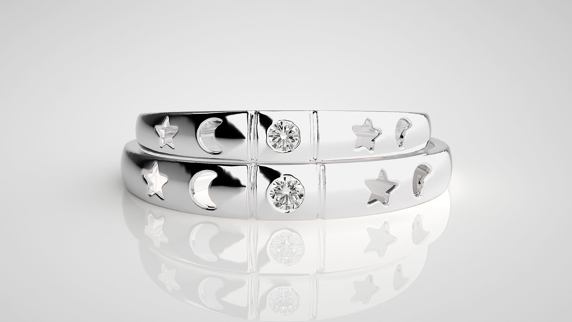 Star and Moon Solitaire Couple Band Ring 3dm stl render detail 3D print model_7