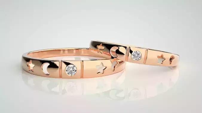 Star and Moon Solitaire Couple Band Ring 3dm stl render detail 3D print model