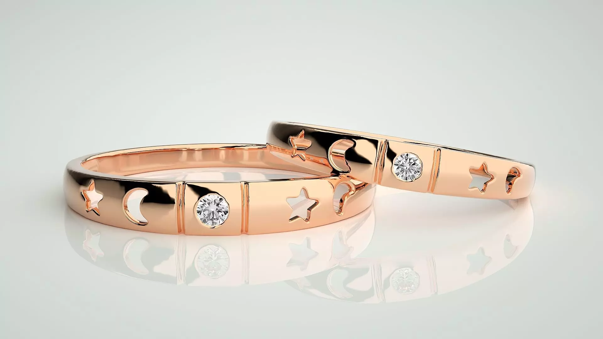 Star and Moon Solitaire Couple Band Ring 3dm stl render detail 3D print model_0