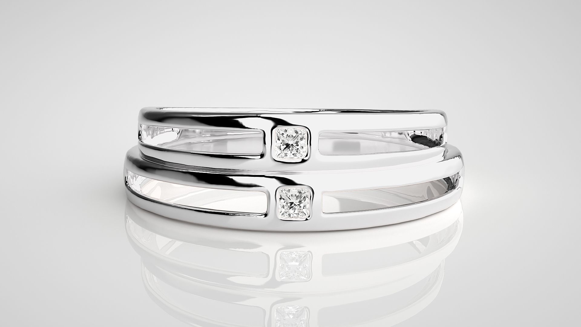 Thin Light wt Solitaire Princess Couple Band Ring 3dm stl render 3D print model_7