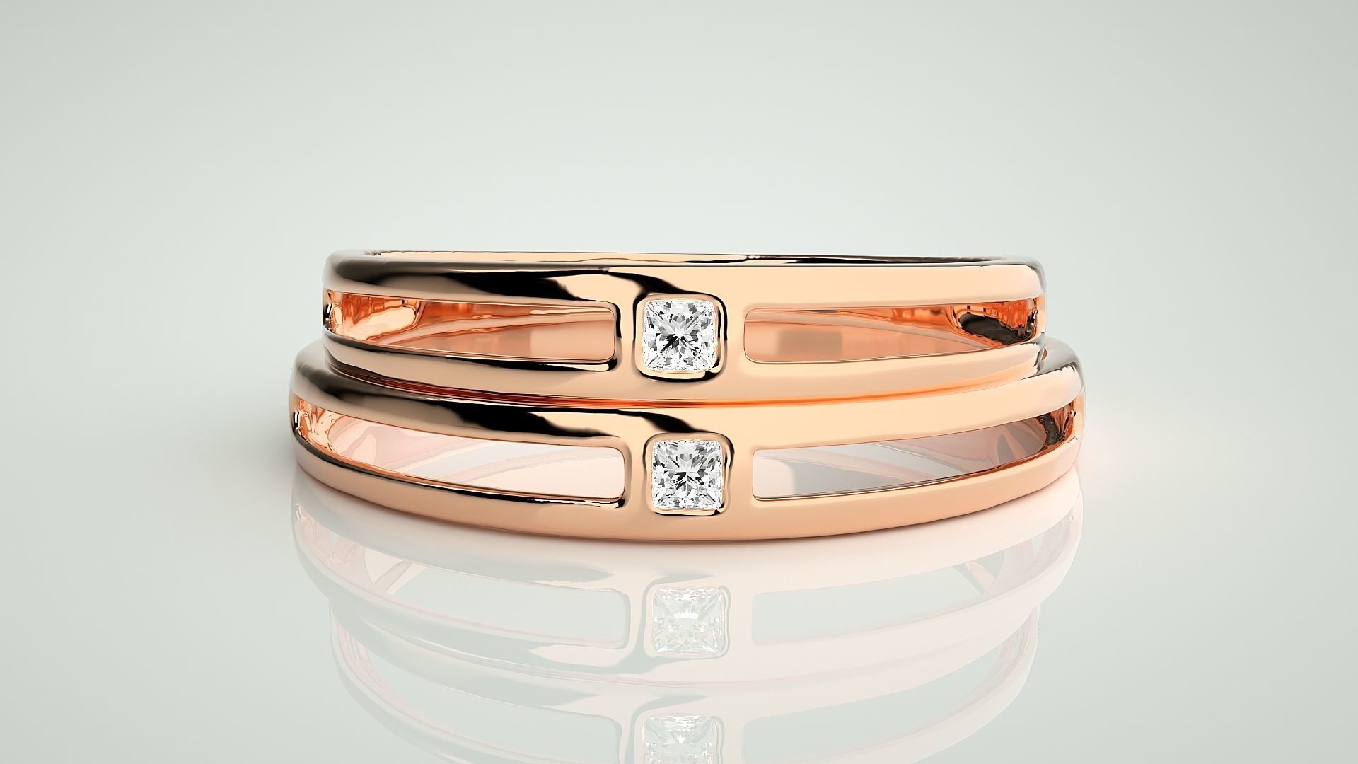 Thin Light wt Solitaire Princess Couple Band Ring 3dm stl render 3D print model_2