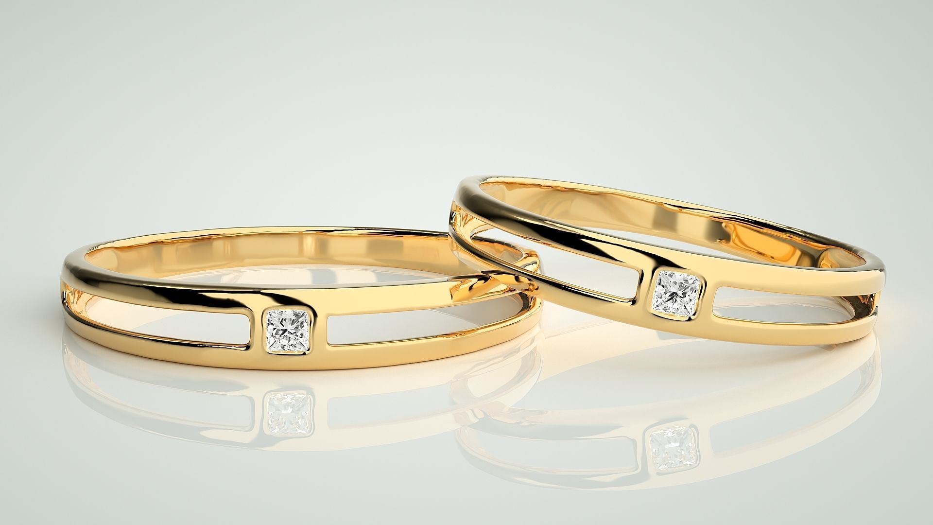Thin Light wt Solitaire Princess Couple Band Ring 3dm stl render 3D print model_9