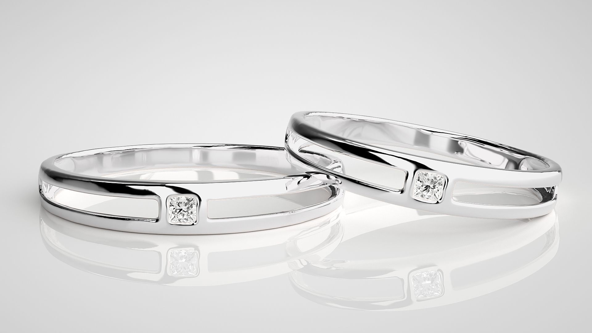 Thin Light wt Solitaire Princess Couple Band Ring 3dm stl render 3D print model_5